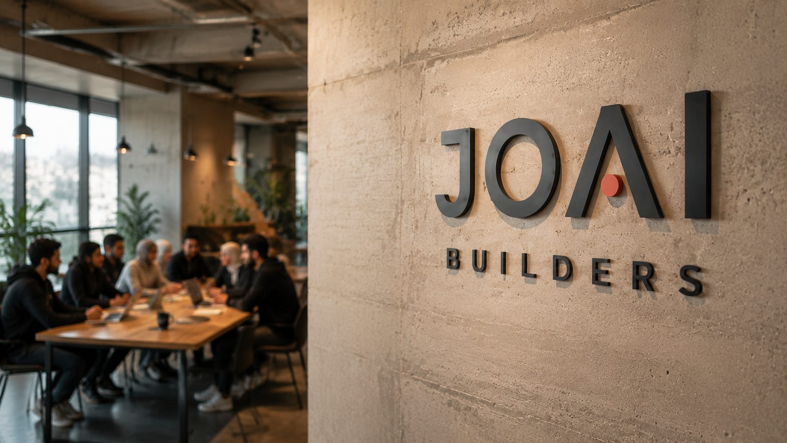 شعار JOAI BUILDERS على جدار إسمنتي وخلفه أعضاء يعملون حول طاولة