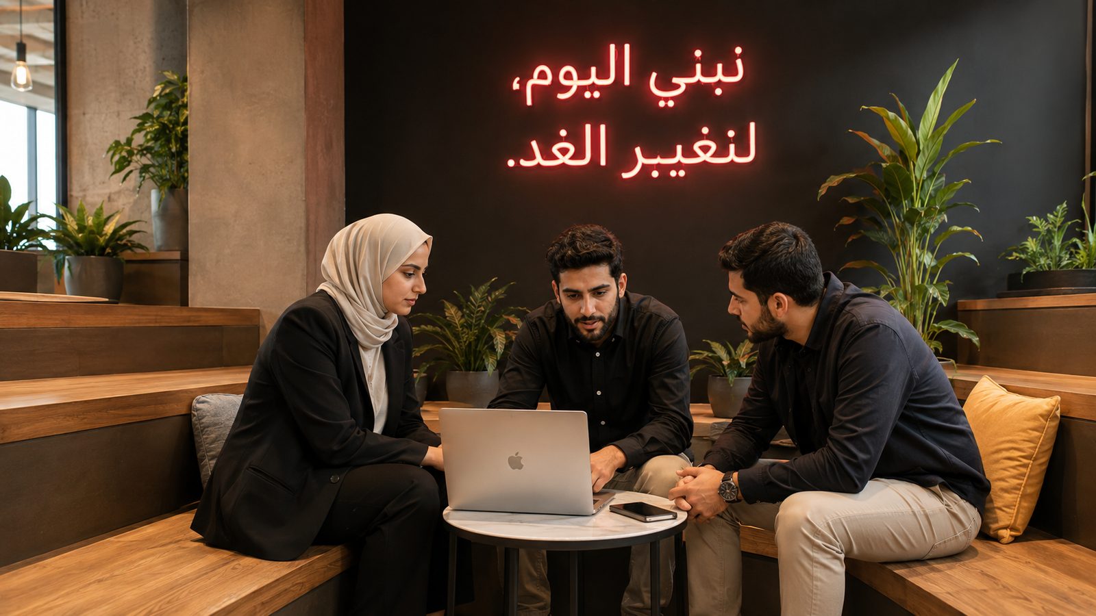 ثلاثة أعضاء حول لابتوب واحد تحت عبارة نيون حمراء: نبني اليوم لنغيّر الغد