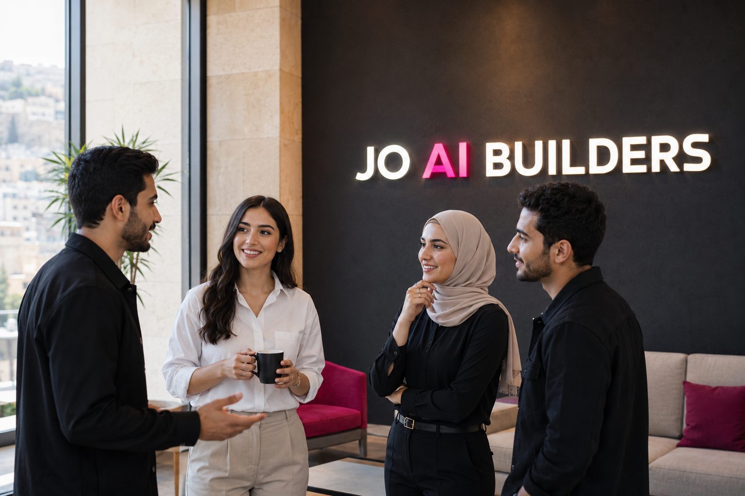أعضاء يتحادثون تحت شعار JO AI BUILDERS المضيء