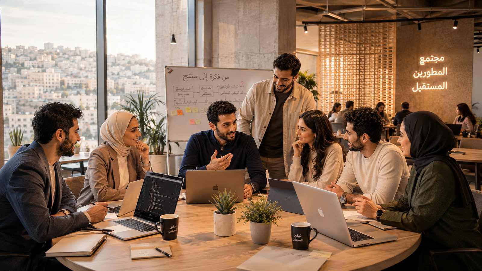 أعضاء بُناة حول طاولة واحدة أمام لوح «من فكرة إلى منتج» وتلال عمّان خلف النافذة