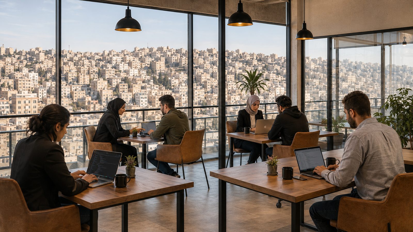 طاولات عمل ولابتوبات مفتوحة أمام بانوراما تلال عمّان